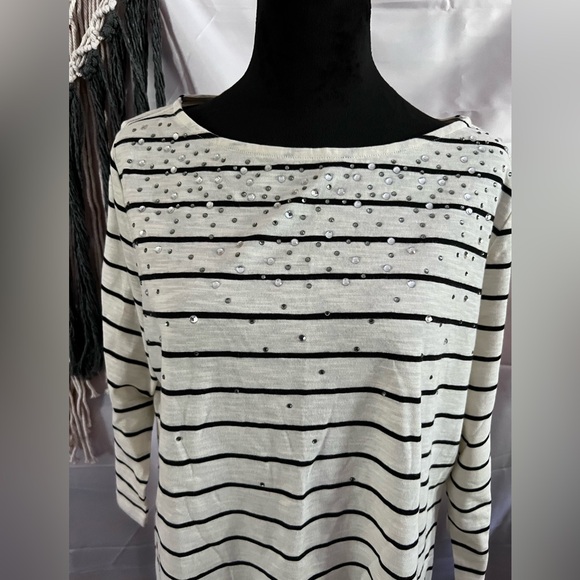 Talbots Ivory Black Stripe Plus Size 1X Rhinestones 3/4 Sleeves Knit Top Blouse - Picture 2 of 12
